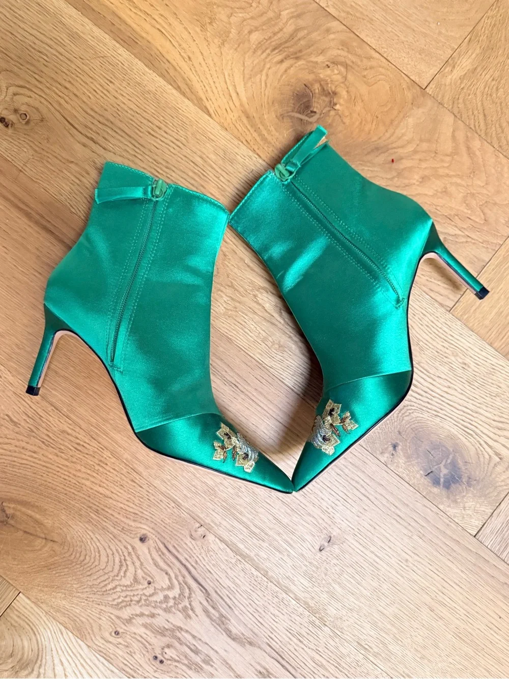 Zara Emerald Green Satin Embroidered Ankle Boots
